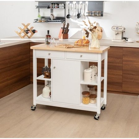 COSTWAY Mobil køkkenvogn, Top af gummi, køkkenø, 4 åbne hylder, 2 skuffer, hvid serveringsvogn