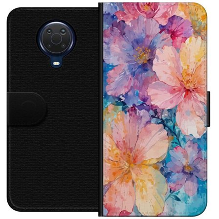 Yhteensopiva Lompakkokotelo Nokia Nokia G20 Vesivärimaalaus suurilla kukilla vaaleanpunaisissa, sinisissä ja keltaisissa sävyissä pehmeässä tait