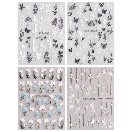 3D-preget blomstervår Nail Art Stickers Klistremerker Selvklebende 5D Sommer Fargerike blomstrete negltilbehør Dekorasjon Tilbehør 4 ark