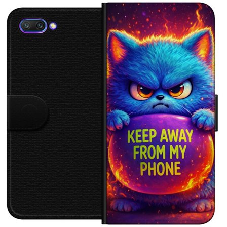 Yhteensopiva Lompakkokotelo Honor Honor 10 Vihainen pörröinen sininen kissa, jossa teksti "Pidä loitolla puhelimestani" neonväreillä ja tulimaisi