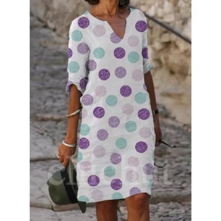 Kvinnor Sommar Retrotryck V-neve Kortärmad Comfy Casual Dr