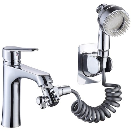 Kran, vaskslange, sprøyte, monteringssett, baderomsdusj, sprayhode med omlederventil, reservedeler, selvklebende dusjholder, krom