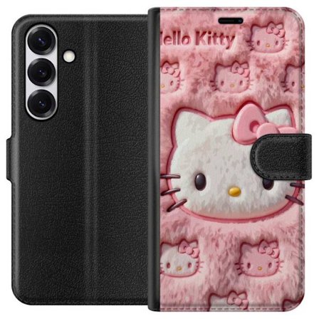 Kompatibelt Lommeboketui til Samsung Galaxy S25 Hello Kitty rosa fluffy bakgrunn med ikoniskt ansikt og kawaii-estetikk