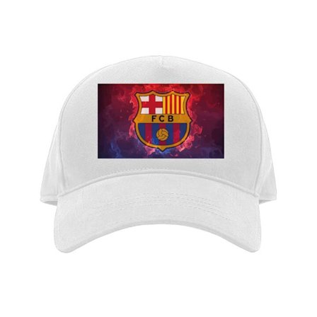 Lippalakki FC Barcelonan seuramerkki tulessa ja savussa, dramaattinen jalkapalloilu fanien iloksi, urheilujulisteet ja puhelinkuoret