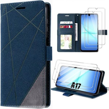 Beskyttelsescover - BOOLING - til Samsung Galaxy A17 5G/4G - Mørkeblå Læder Effekt - 2 Tempered Glass