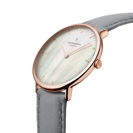 Nordgreen - Minimalistisch Modieus Design Polshorloge - Parelmoer Wijzerplaat - Grijs Leren Horlogebandje Native white dial