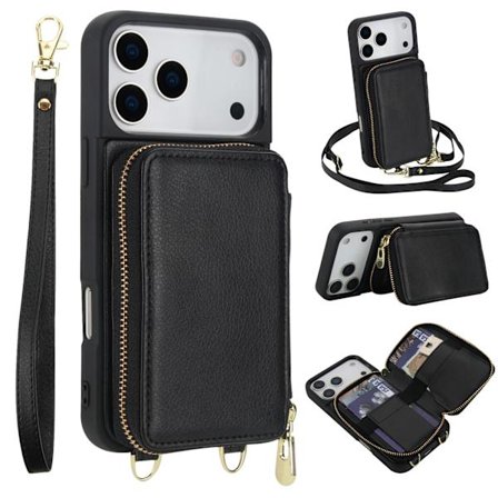 til iPhone 17 Pro Max Wallet Case, PU Læder Crossbody Telefonpung med Lynlåslomme, Kreditkort Holder Håndledsrem