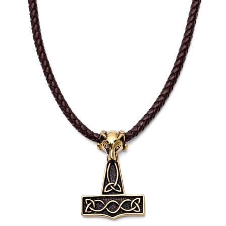 Gold-Tone Wolf Brown Leather Necklace for Men - Thor's hammer necklaces