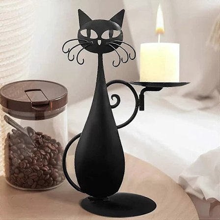 Ljusstake Set, Svart Katt Ljusstake med Bricka, Värmeljushållare, Vintage Ljusstake, Metall Katt Dekoration för Hemmet, Ljus