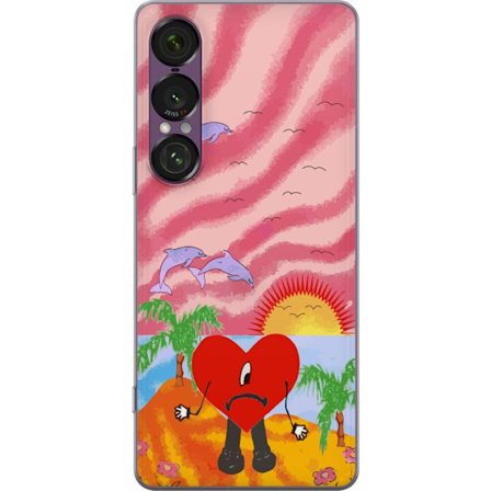 Yhteensopiva Puhelinkuori Sony Xperia 1 VII Bad Bunny värikkäässä tikatussa takissa sydänkuvioilla ja aurinkolaseilla modernissa katutyylissä