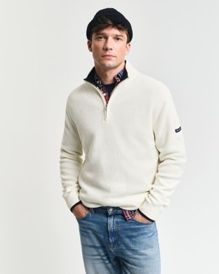 GANT - Ribbestrikket bomullsgenser med half-zip til herre cream