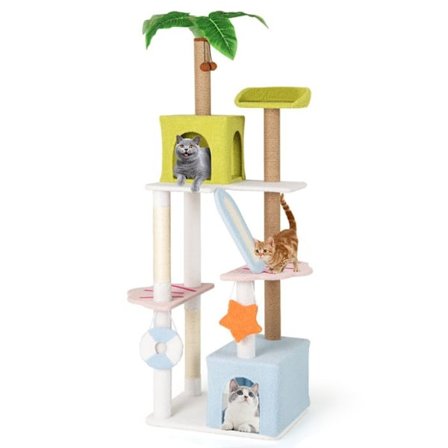 Multi-Level Cat Tree 180 CM, COSTWAY, 2 lägenheter, abborre, sisal skrapstolpar, konstgjord växt, hängande leksaker