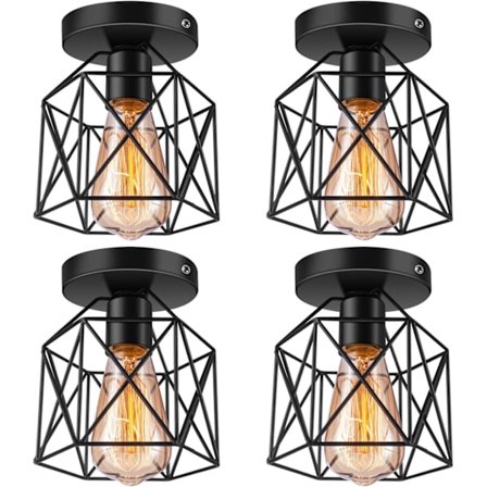 4-Dels Halvtaklampe Sett | E26/E27 Retro Svart Industriell Stil Belysningsarmaturer, Egnet for Veranda, Gang og Kjøkken