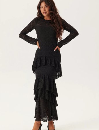 Bubbleroom Frill Long Sleeve Maxi Dress - Black - XS
