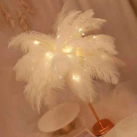 Dekorativ LED-bordlampe med fjærmønster i struts, med fjernkontroll for barnerom, USB- og batteridrevet (kunne hvit)