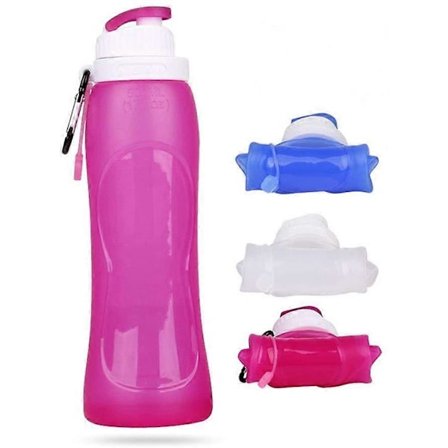 Vikbar vattenflaska för utomhusbruk, läckagesäker dricksflaska, 500 ml, blå, vit, rosröd, 23 x 7 cm (rosröd).