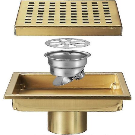 Firkantet brusebundsafløb med aftageligt ristdæksel, SUS 304 rustfrit stål, børstet guld