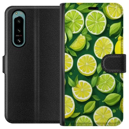 Yhteensopiva Lompakkokotelo Sony Xperia 5 IV Värikäs sitruskuvio, jossa limeä ja sitruunoita sekä vihreitä lehtiä tummanvihreällä taustalla