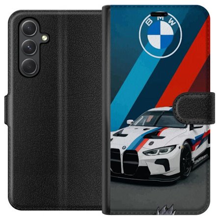 Kompatibelt Lommeboketui til Samsung Samsung Galaxy A35 BMW M Sport design med hvit racerbil og klassiske M striper eksklusivt biltema perfekt for mot