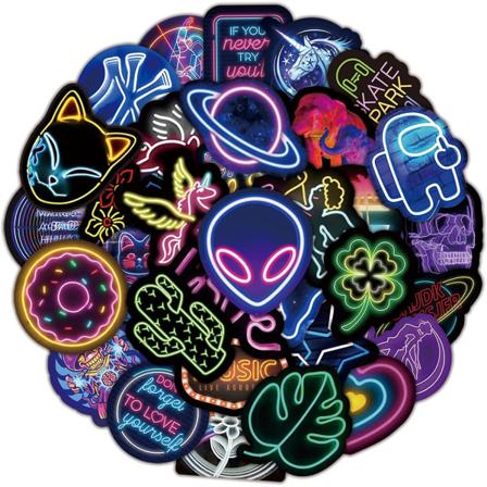 100 stk. seje neon-klistermærker til børn, teenagere og voksne, modegraffiti, vandtætte vinyl-klistermærker, neon-klistermærkepakke til vandflaske, 