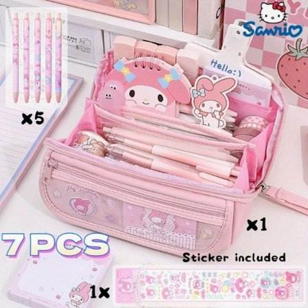 7-delt skrivesæt 9-lags penalhus med stor kapacitet - sødt design, lærreds penalhus til studerende (pink penalhus + pen + klistermærke)