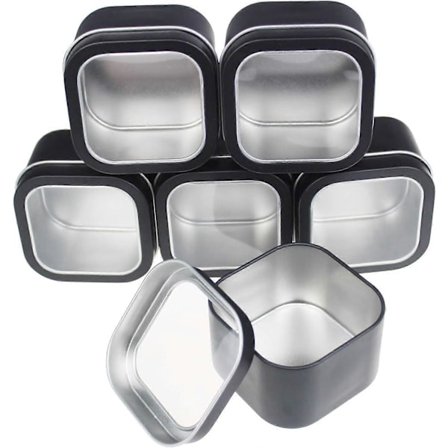 6-pak tomme 240 ml firkantede metaldåser med klart vindue til lysfremstilling, slik, gaver og skatte, sort