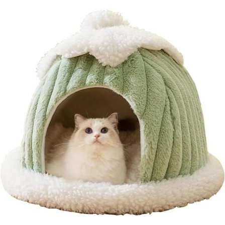 Kattgrotta Säng, Tecknad Söt Kattkoja, Litet Katttälthus med Avtagbar Tvättbar Kudde, L, Grön