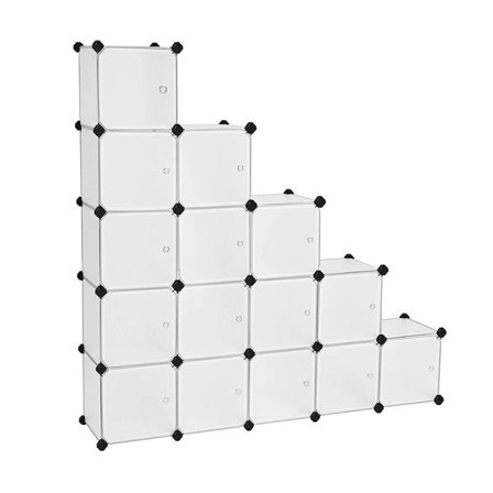 Flexibelt hyllsystem med 15 kuber – modulärt förvaringsskåp i frostat vit plast