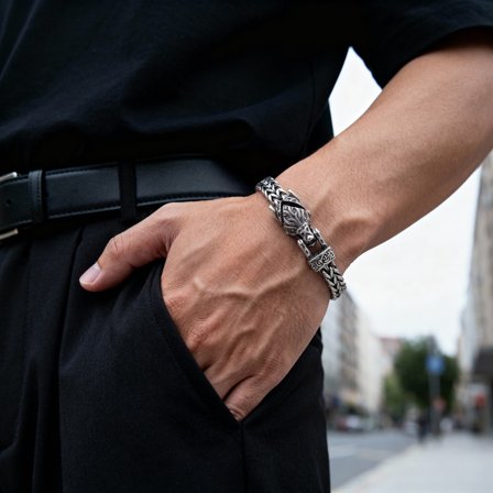 Ezüst tónusú, rozsdamentes acél sárkány Foxtail lánc karkötő férfiaknak - Acél karkötők