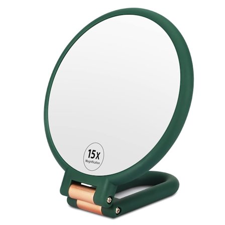 Dobbeltsidet makeup spejl, 1x 15x forstørrende håndholdt spejl, hængende skønhedsspejl, bærbart lille rejsespejl til piger kvinder - Grøn