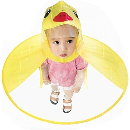 Regnfrakke til børn med andemotiv og paraplyhat - Vandtæt regntøj i UFO-stil til småbørn, drenge og piger (Gul)