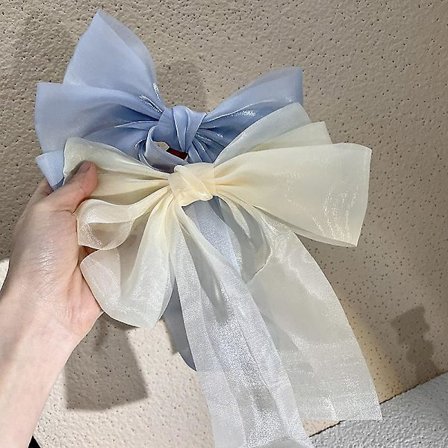 2 stk. sateng store sløyfe hår metallklips fransk lang hale myk blå+hvit