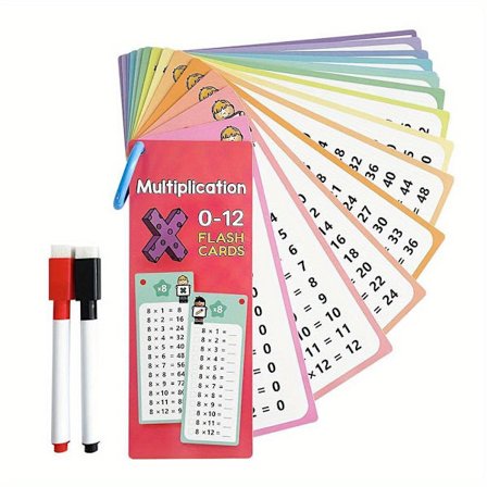 Flashcards til multiplikation fra 0 til 12, et selvvurderingsværktøj til matematikindlæring, ressourcer til undervisning og matematisk træning.