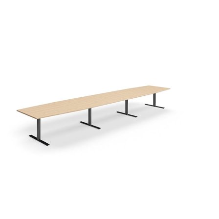 Conference table QBUS, boat shaped, 5600x1200 mm, T-frame, black frame, oak