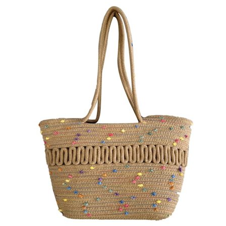 Stor Vevd Stråveske Enkel Hul Design Reisekurv med Fargerike Prikker i Lys Tan