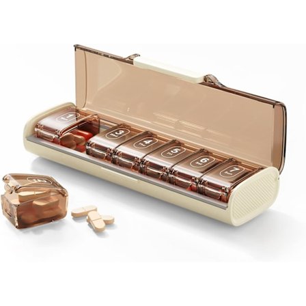 Ugentlig pilleæske, bærbar 7-dages pilleboks, fugtbestandig opbevaringsbeholder til piller, rejsepilleæske lavet af BPA-frit materiale.