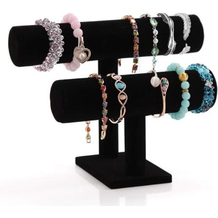 Armbandsställ, 2-nivåers T-bar enfärgad svart sammets BH och halsband displayställ smyckestorn