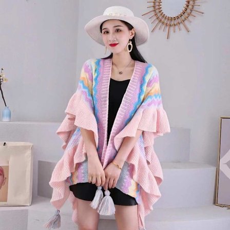 Mongolisk Poncho Cardigan Tofs Sjal ROSA