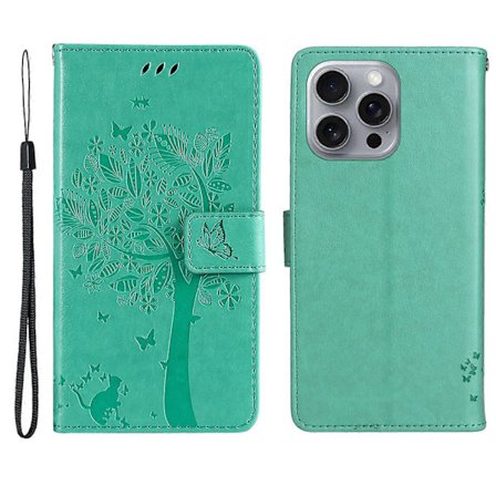 För iPhone 16 Pro Max Skal Skyddande PU Läder Telefonfodral Katt Träd Mönster