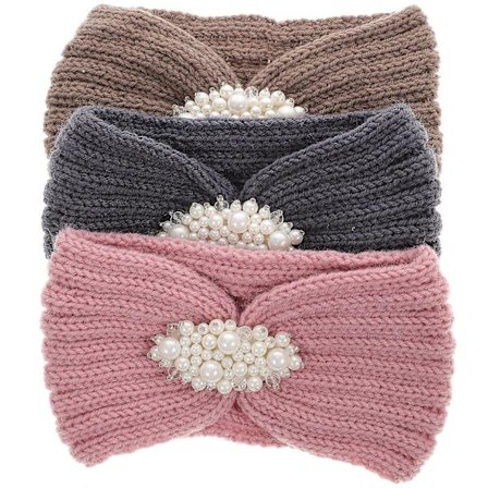 3-pakning strikkede heklede hijab kvinners vinter pannebånd perle heklede hijab (23X12X1.5 cm, assorterte farger)