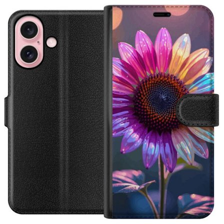 Kompatibelt Lommeboketui til Apple iPhone 16 Irideserende blomst med glitrende kronblad i rosa lilla og gull mot myk bokeh bakgrunn