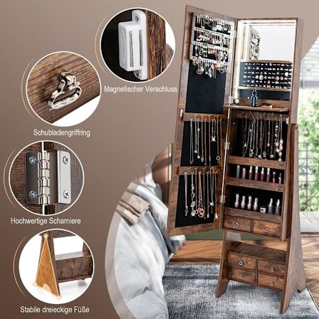 Smyckesskåp med spegel med belysning Smyckesspegelskåp med lådor brun