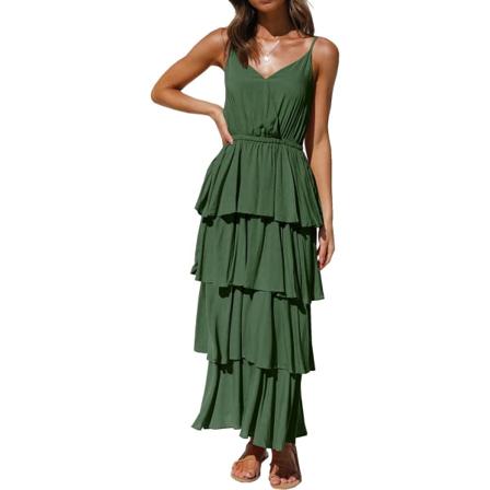 ivimos Dam Sommar Bomull Spaghetti Remmar V-Ringad Lager Ruffle Fåll Boho Swing Midi Klänning Armygreen Medium