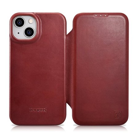 iCarer CE Oil Wax Premium Leather Folio Case for iPhone 14 Plus, Magnetic Flip, MagSafe, Red