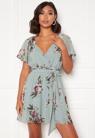 Goddiva Floral Flutter Dress Duck Egg Klær