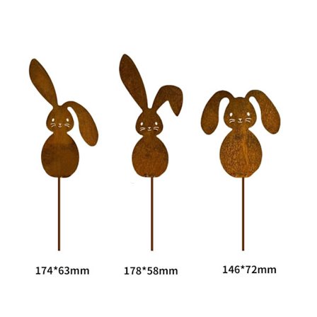 Sæt med 3 kaniner Havestager - Rustlook - Fremstillet af rustfrit metal - til have, terrasse, balkon eller blomsterkrukke