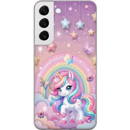 Kompatibel Mobilcover til Samsung Galaxy S22 5G Magisk enhjørning med regnbue manke, stjerner og sommerfugle mod en pastelfarvet himmel med skyer