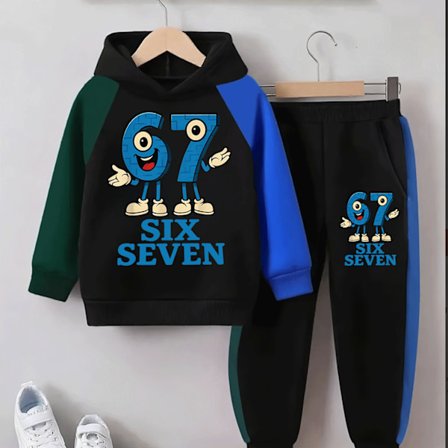 Nyt efterår-vinter unisex farveblok sæt, tegneserie nummer 67 hættetrøje + joggingbukser, varmt behageligt trendy todelt outfit til udendørs