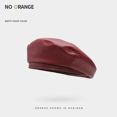 Beret i skinn, dame høst/vinter hatt i britisk retrostil, rød