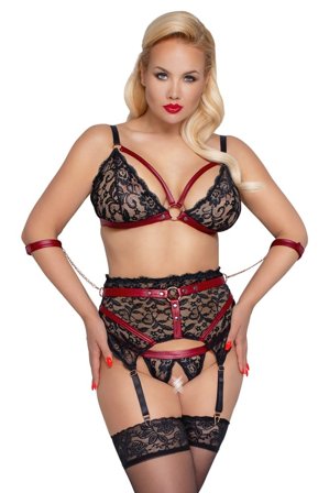 Cottelli Collection Bondage: Lace Crotchless Bondage Set with Chains - Black & Red - Erotik Vuxen: Plus size